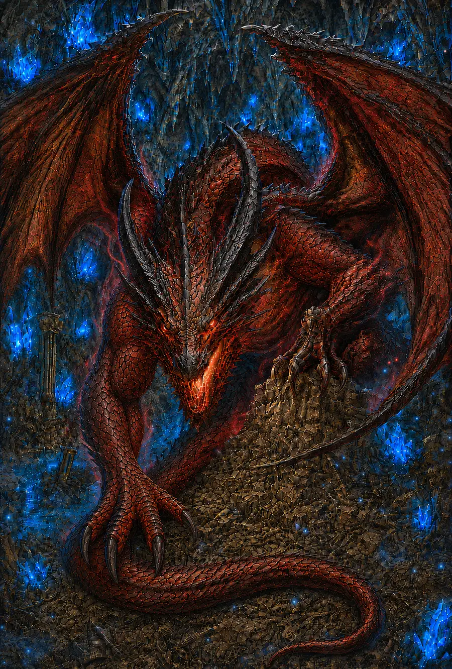 青く光る魔鉱石の洞窟で待ち受ける赤黒いドラゴン